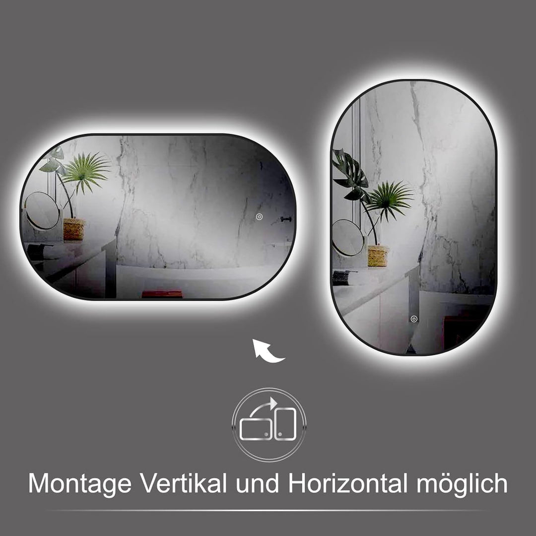 Apjeoy LED Badspiegel Oval 50 x 90 cm Wandspiegel mit matt schwarz Metallrahmen Beleuchtung Badezimm