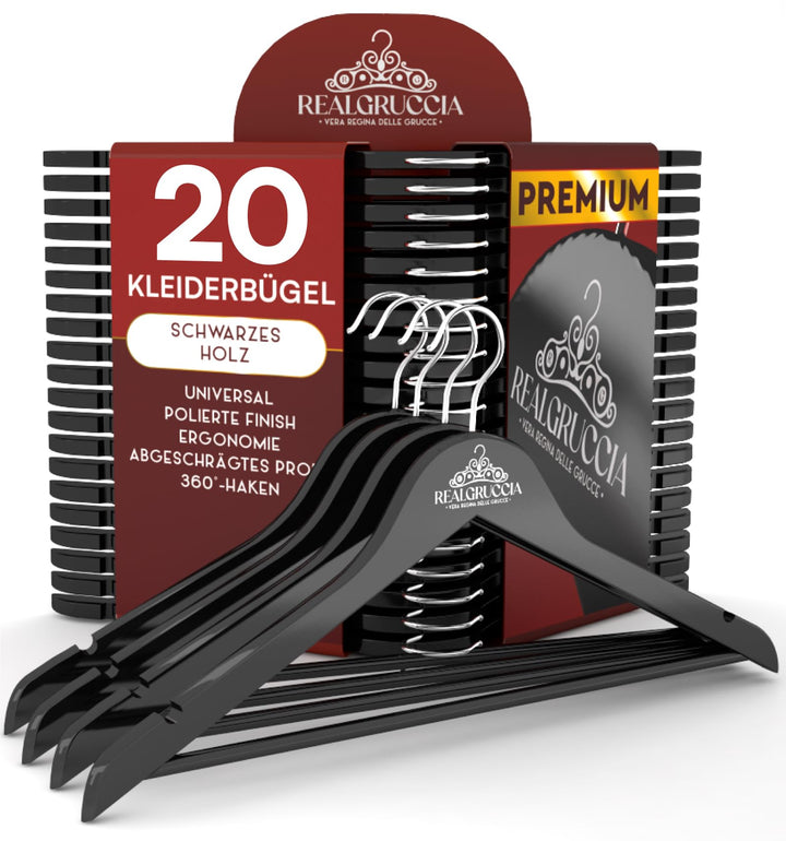 20 Kleiderbügel aus Holz Anti-Rutsch-Einkerbungen Holzbügel RealGruccia Farbe Schwarz Hosensteg von