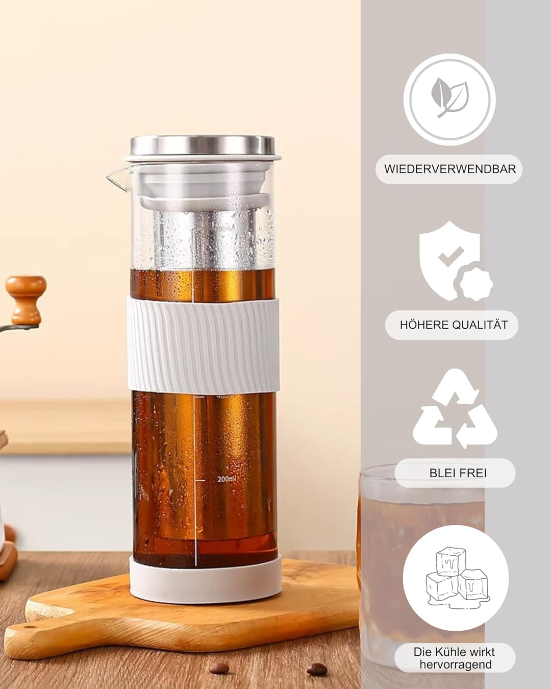 JanYoo Cold Brew Kaffeebereiter 800ml, Cold Brew Coffee Maker mit 304 Edelstahlfilter, Brühglas Kara