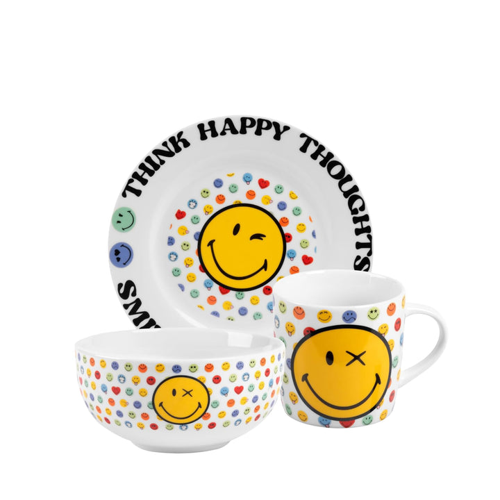 United Labels Smileyworld Frühstücksset Kinder, mit Smiley, Geschirr Set Porzellan, 3-teilig mit Tel