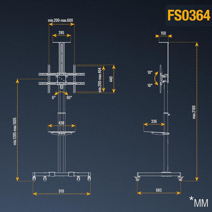 RICOO TV Ständer Rollbar Höhenverstellbar Universal für 40-75 Zoll, Fernsehständer mit Rollen FS0364