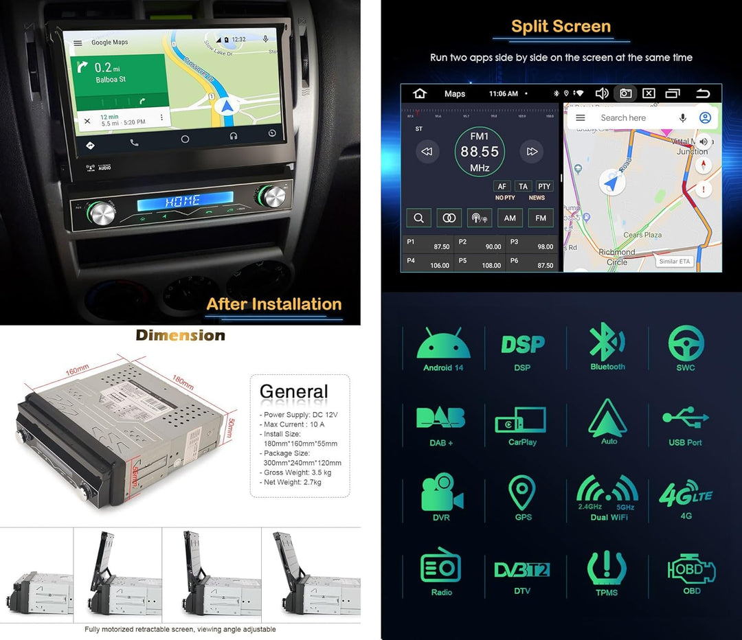 Erisin 8-Kern 4GB RAM+64GB ROM Android 14 1Din Universal GPS Navi Autoradio 7 Zoll HD IPS Touchscree