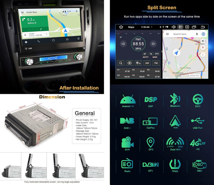 Erisin 8-Kern 4GB RAM+64GB ROM Android 14 1Din Universal GPS Navi Autoradio 7 Zoll HD IPS Touchscree