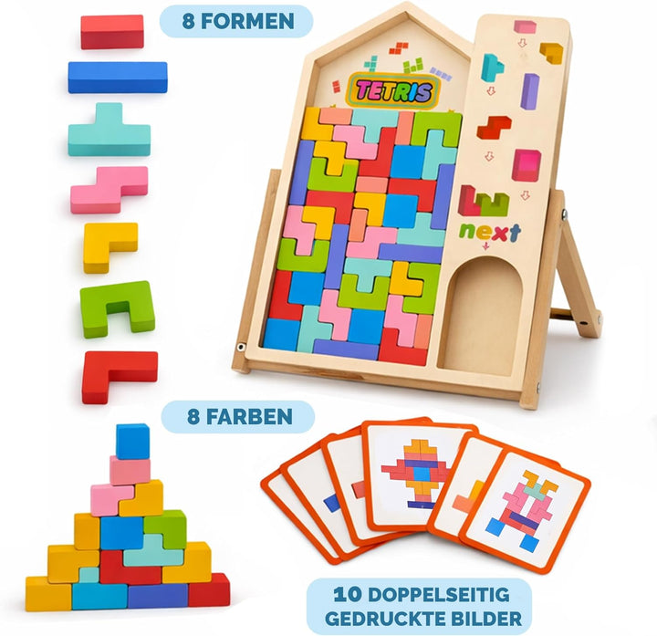 Tetris Holzpuzzle inklusive 10 doppelseitig gedrückte Karten zum Nachmachen– Stapelsteine - Montesso