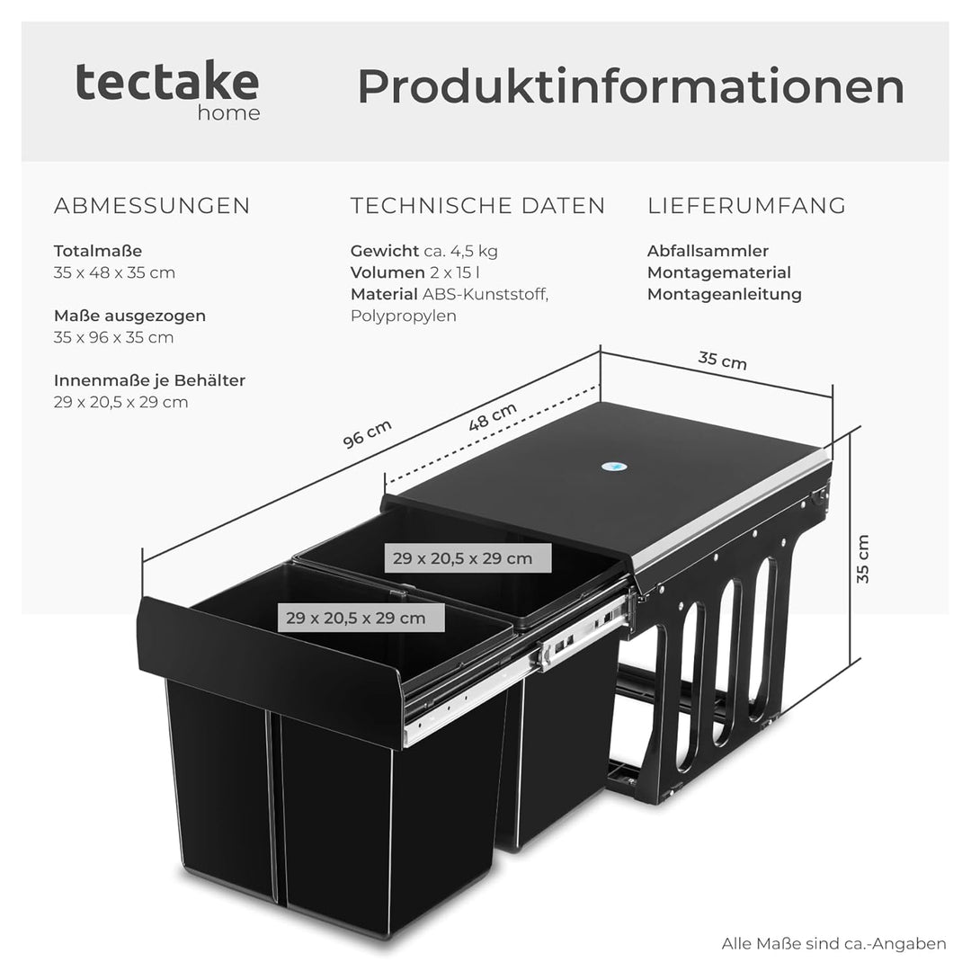 tectake® Abfallsammler, Mülleimer 2 Fächer, Mülltrennsystem Küche, für Schrank, Mülleimer Küche ausz