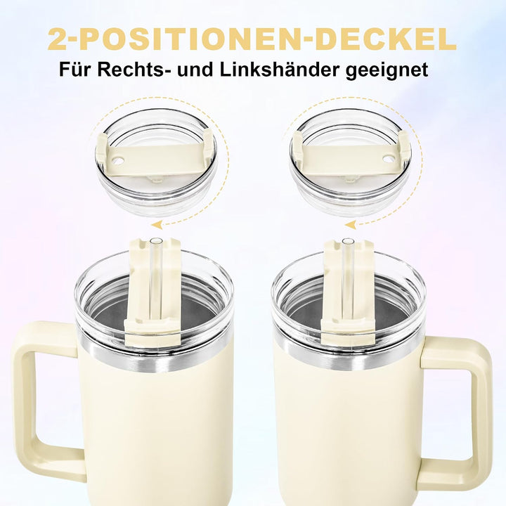 Thermobecher mit Strohhalm und Henkel 1,2L, 100% Auslaufsicherer Trinkbecher, Edelstahl Doppelwand V