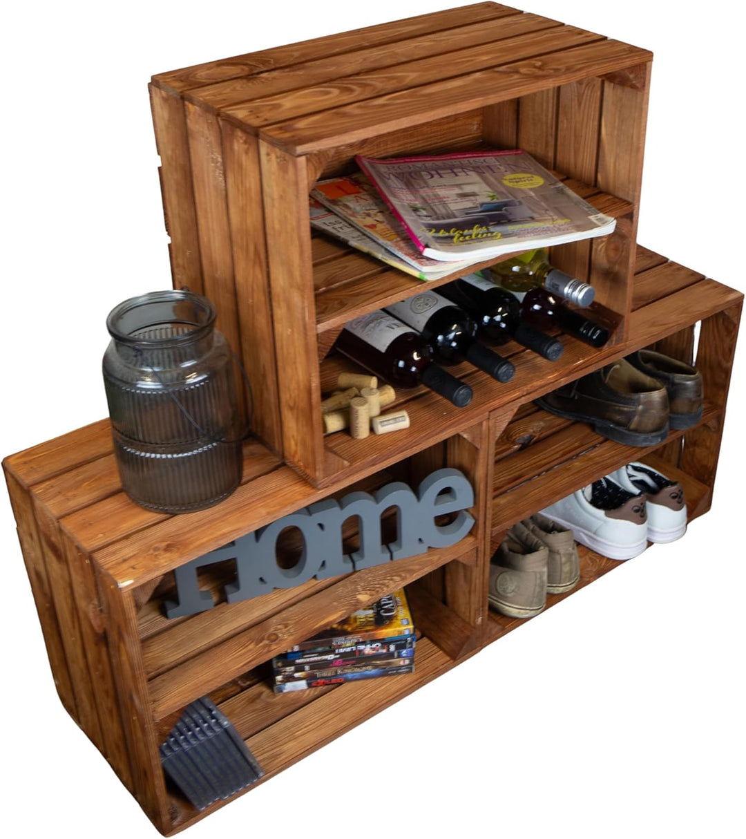 Kistenkolli Altes Land Holzkiste Ocker Schuhablage Schuhständer DIY Upcycling Regalbau Schuhaufbewah