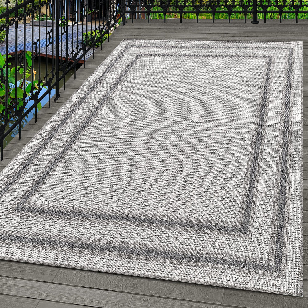 In- &amp; Outdoor Teppich Robuster, Modern Bordüre Design, Rechteckig, Creme und Grau Farbe, Flachgewebe