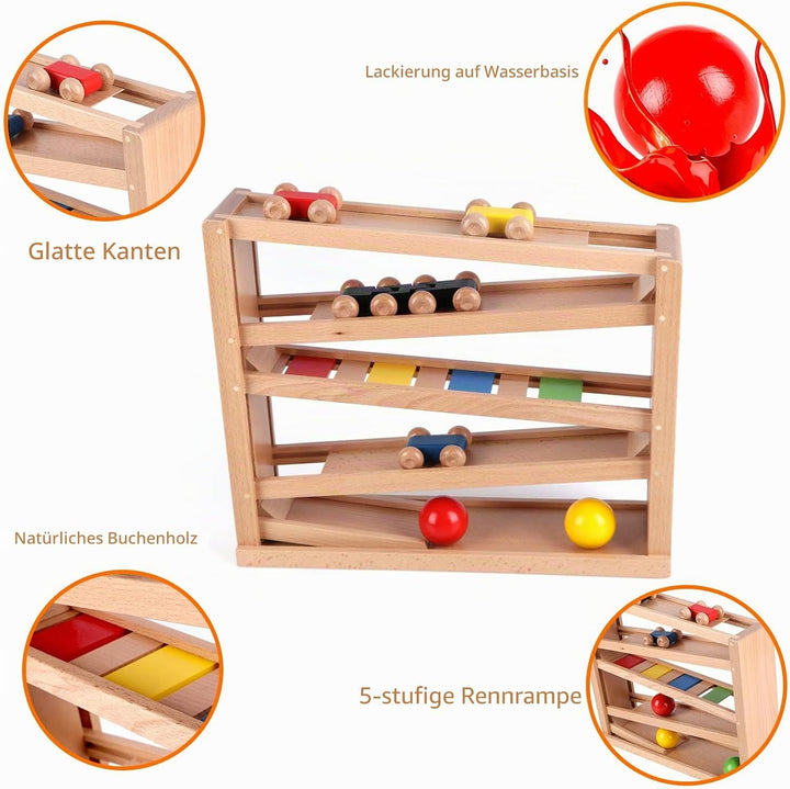 Jacootoys Holzautorampe Kugelbahn Spiel Rennstrecke 5 Schichten Racer Spielzeug Set 4 Autos 3 Bälle