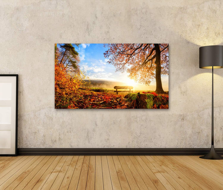 Bild Bilder auf Leinwand Herbstlandschaft mit der Sonne, die warm eine Bank unter einem Baum, vielen