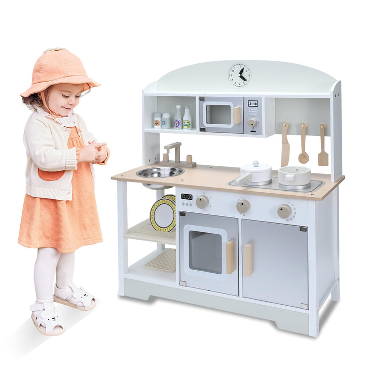 Kinderküche aus Holz mit Zubehör, Spielküche für Kinderzimmer, inkl. Herd, Ofen, Mikrowelle, Kühlsch