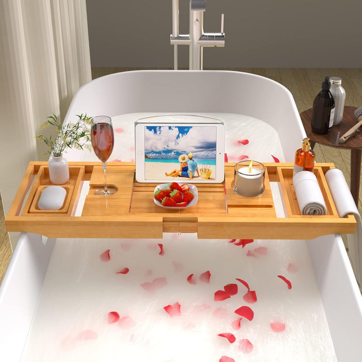 Badewannen-Caddy Tablett für Badewanne, faltbares Bambus-Badetisch-Tablett mit Buch und Weinglashalt