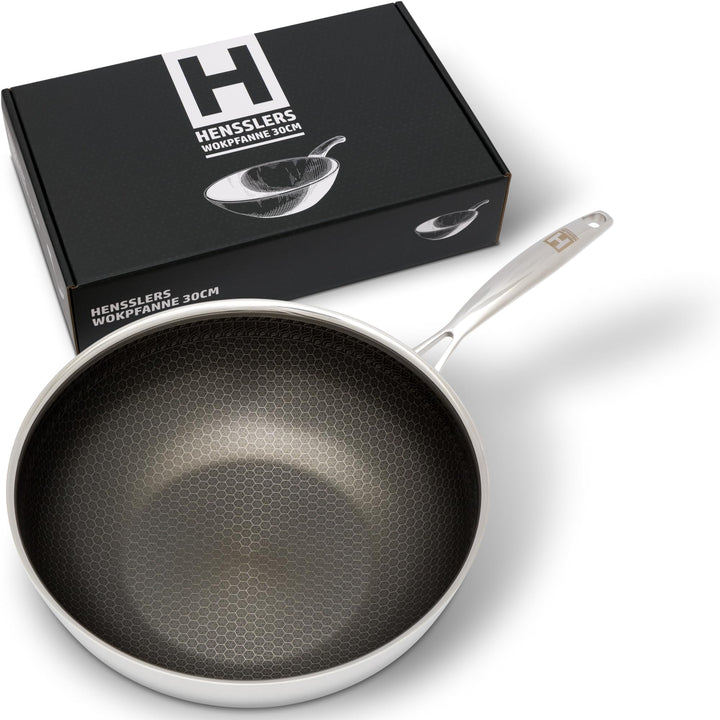 HENSSLERS® Wokpfanne 30cm [EDELSTAHL &amp; ALUMINIUM] - Hochwertige Wok Pfanne geeignet für alle Herdart