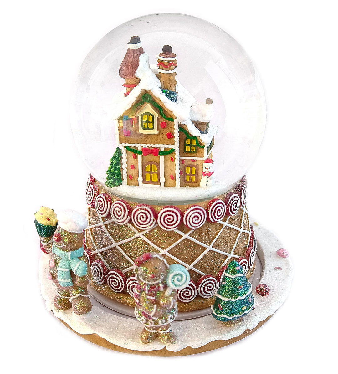 Schneekugel mit Lebkuchenhaus – Festliche Spieluhr mit Schneeflocken-Effekt, Weihnachtsklängen und O