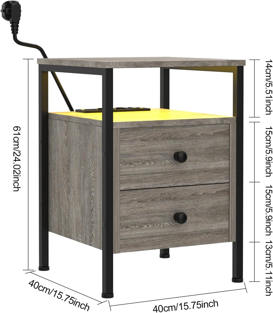 Lvhecforhm Nachttisch mit Steckdose, Beistelltisch mit USB-Anschlüssen, mit LED Licht, Beistelltisch