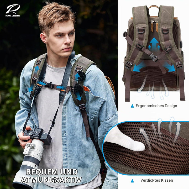 Padwa Lifestyle Kaffee Kamerarucksack - wetterfeste Kameratasche aus gewachstem Memory Canvas mit 16