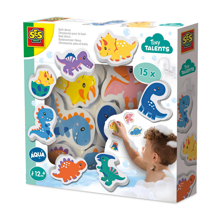 SES Creative | Schaumstoff Dinosaurier Badespielzeug | 15 schwimmende bunte Dinos | Sensorische Akti