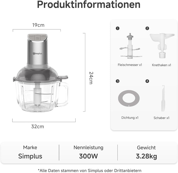 SIMPLUS Universalzerkleinerer mit Teigknetfunktion, 300W Elektrisch, 2.5L Glasbehälter, Multifunktio