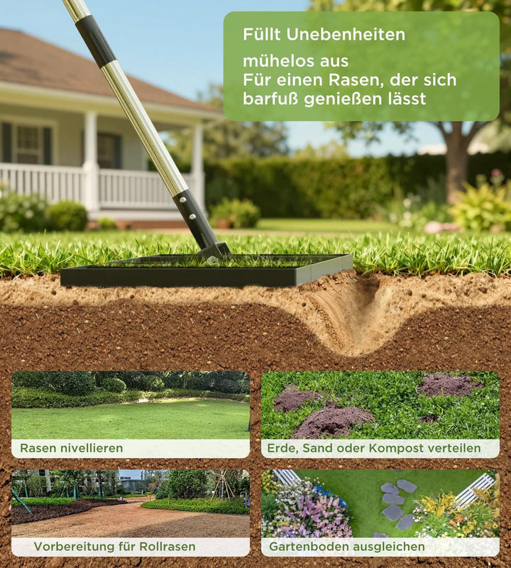 Rasenrakel 43x25cm mit Verstellbarem 180cm Langem Edelstahlstiel, Robuster & Kraftsparender Garten R