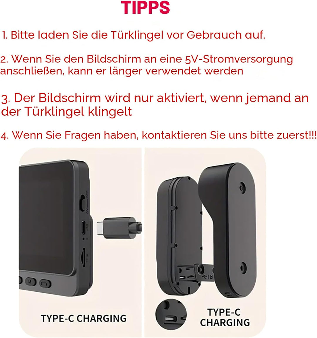 Video Türklingel mit Kamera, IP65 Wasserdicht Drahtlose Funk-Türklingel mit 4,3” Display Gegensprech