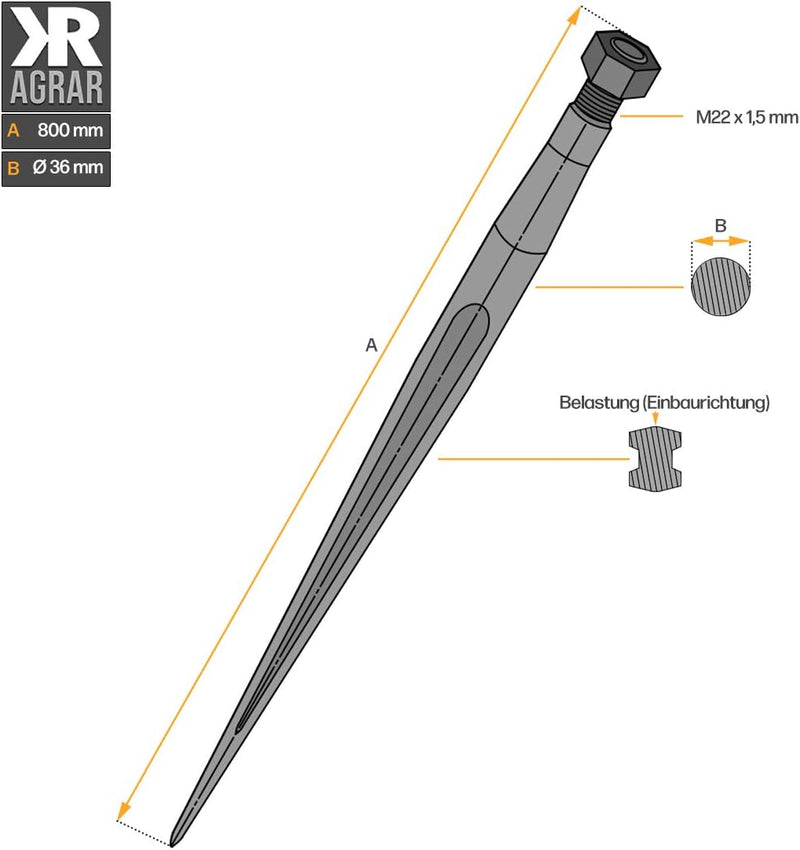 Frontladerzinken | 800 mm | M22 Gewinde | Grossballenzinken | Zinken | Frontladerspiess | Ballenspie