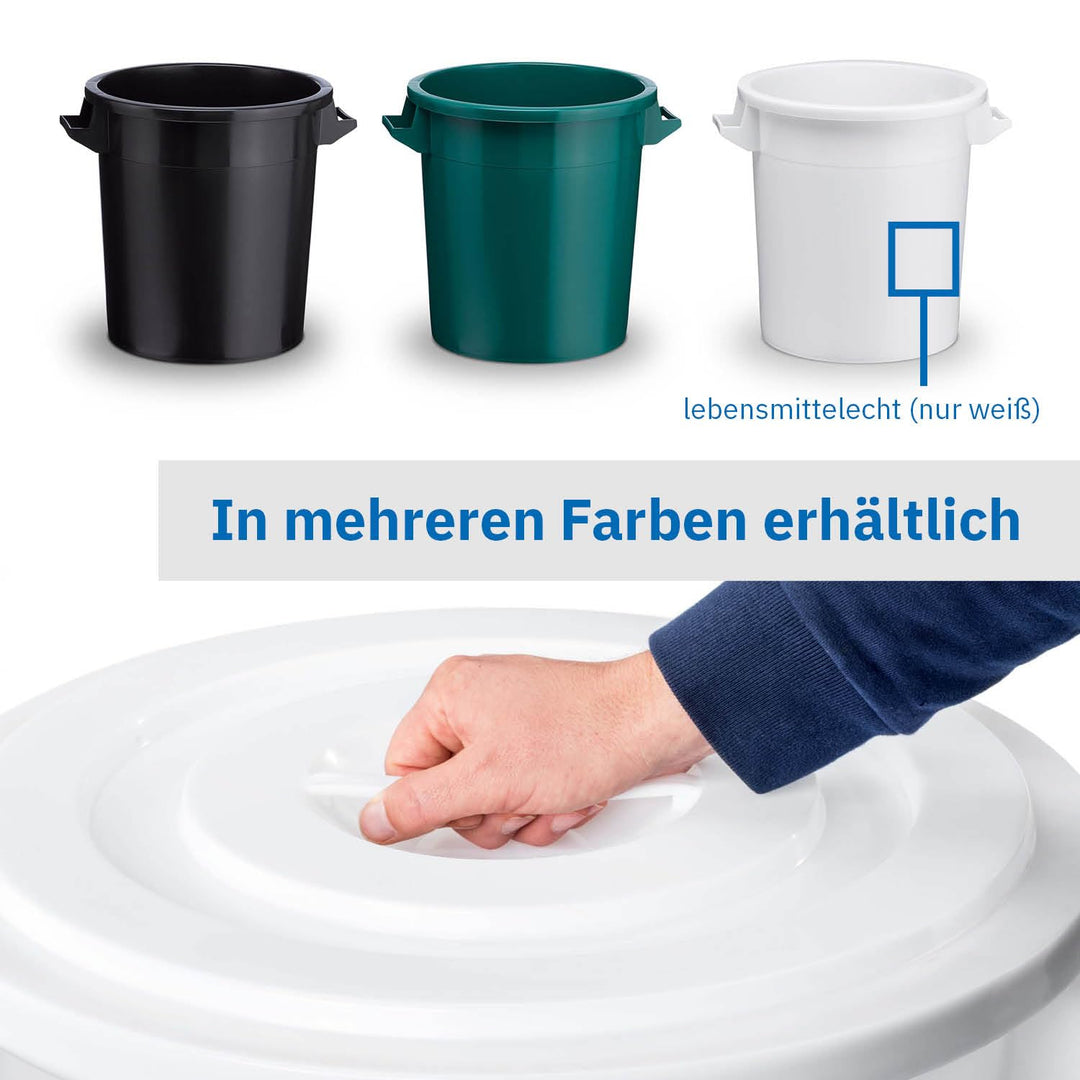 DIE BOX FABRIK 100 Liter Kunststofftonne mit Griffen + Deckel, stapelbar, stabiler Eimer, Plastikton
