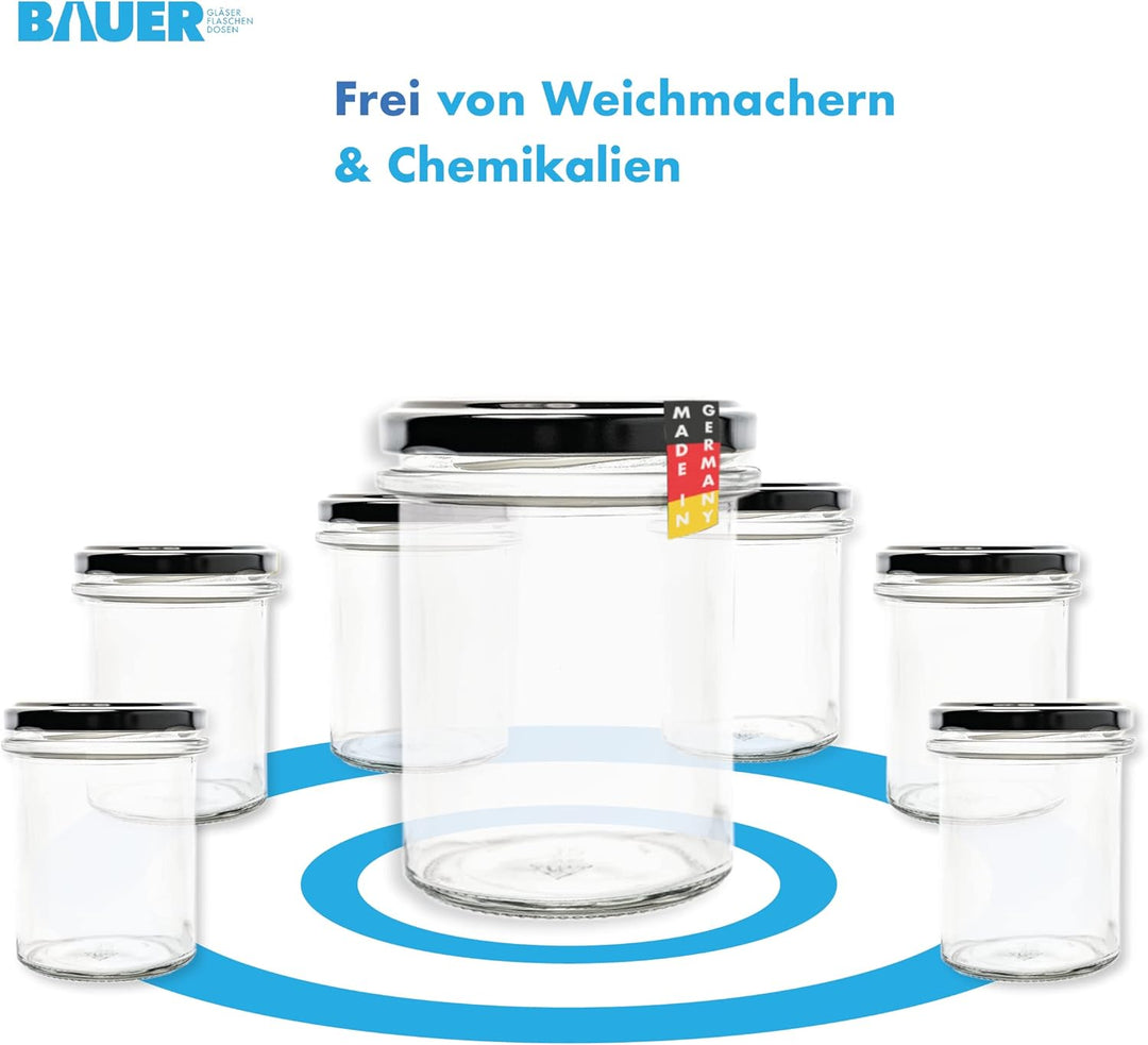 flaschenbauer.de BAUER 24er Set Sturzgläser 214 ml inkl. Schwarze Twist Off Deckel TO66 zum Einmache