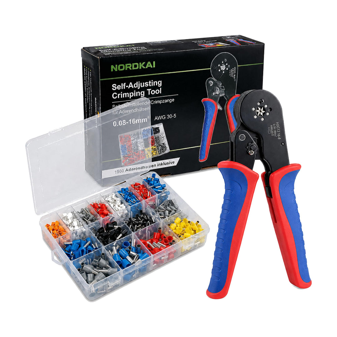 Crimpzangen-Set, Aderendhülsenzange 0,08–16 mm², Crimpzange Selbsteinstellend mit 1500 Aderendhülsen