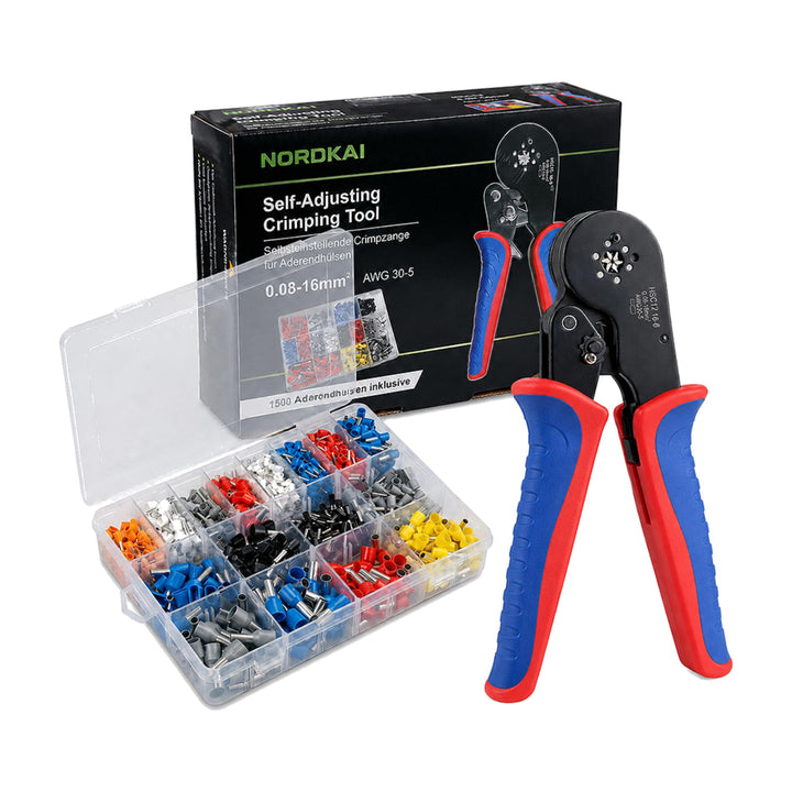 Crimpzangen-Set, Aderendhülsenzange 0,08–16 mm², Crimpzange Selbsteinstellend mit 1500 Aderendhülsen