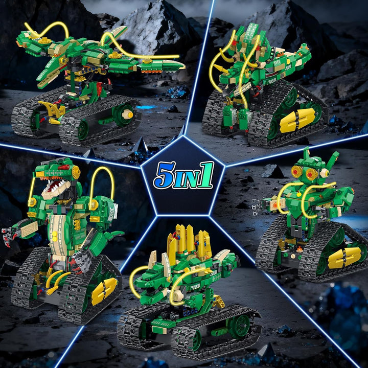 Technik Roboter für Kinder mit Licht - 5 in 1 Dinosaurier Fernbedienung Bausatz, 877 Teile RC Robot