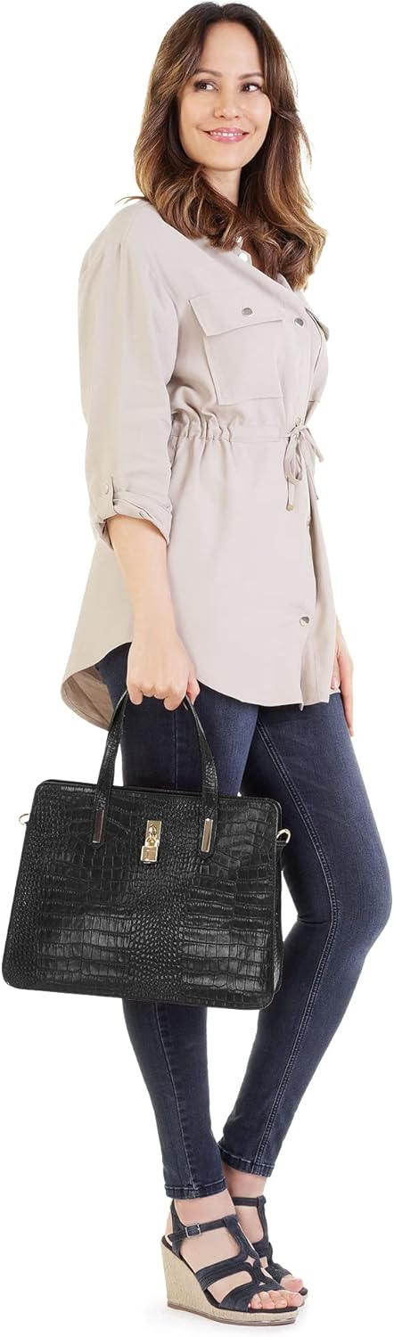 Handtasche Echt Leder Damen Made in Italy, Smartphonefach, Kroko-Design, elegante Umhängetasche, Dam