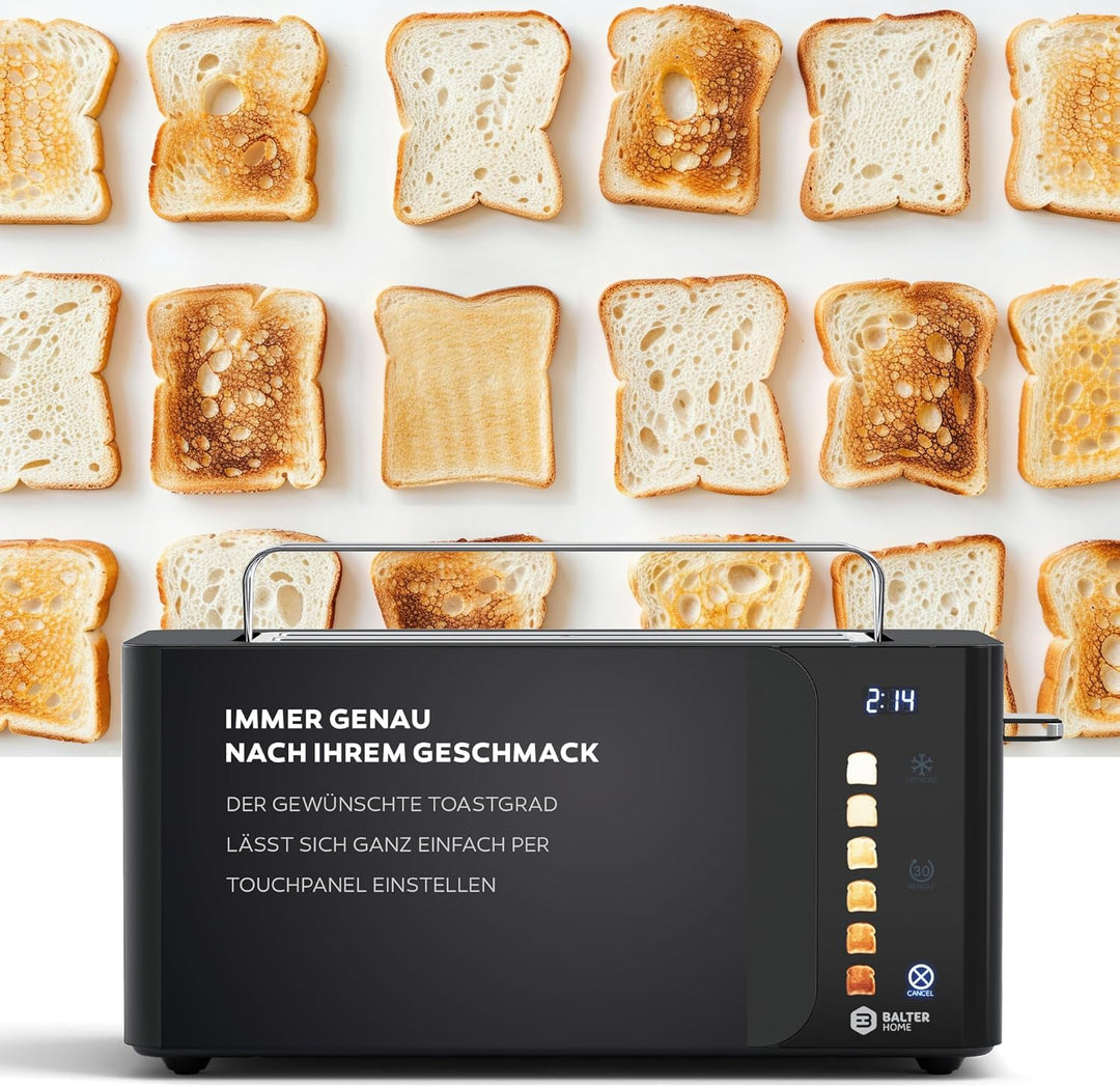 Balter Toaster 4 Scheiben Touch Bedienung, Langschlitz, Edelstahl, Brötchenaufsatz, LCD Display Rest