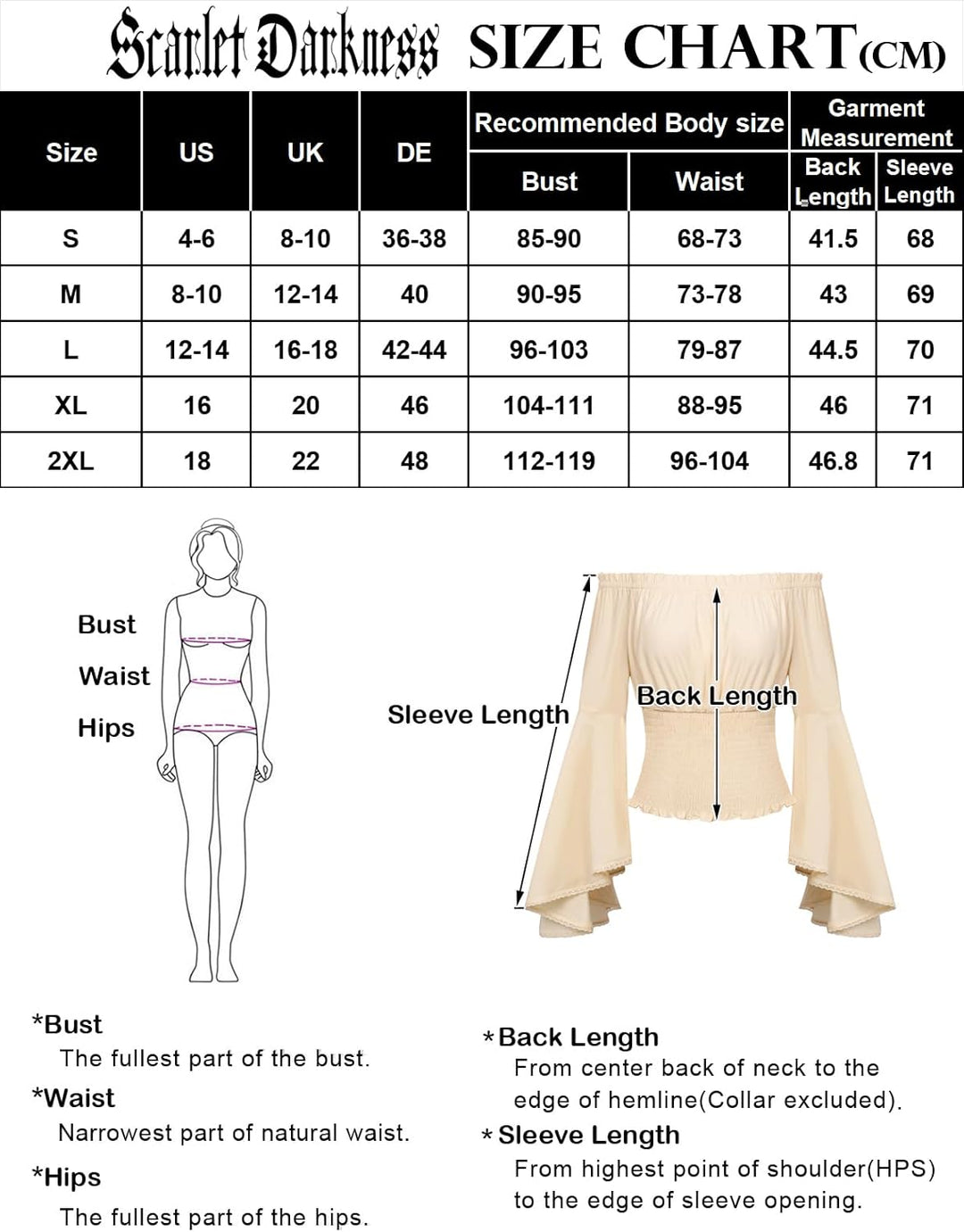 SCARLET DARKNESS Damen Renaissance Trachtenbluse Schulterfrei Gesmokte Mittelalter Shirt S Schwarz,