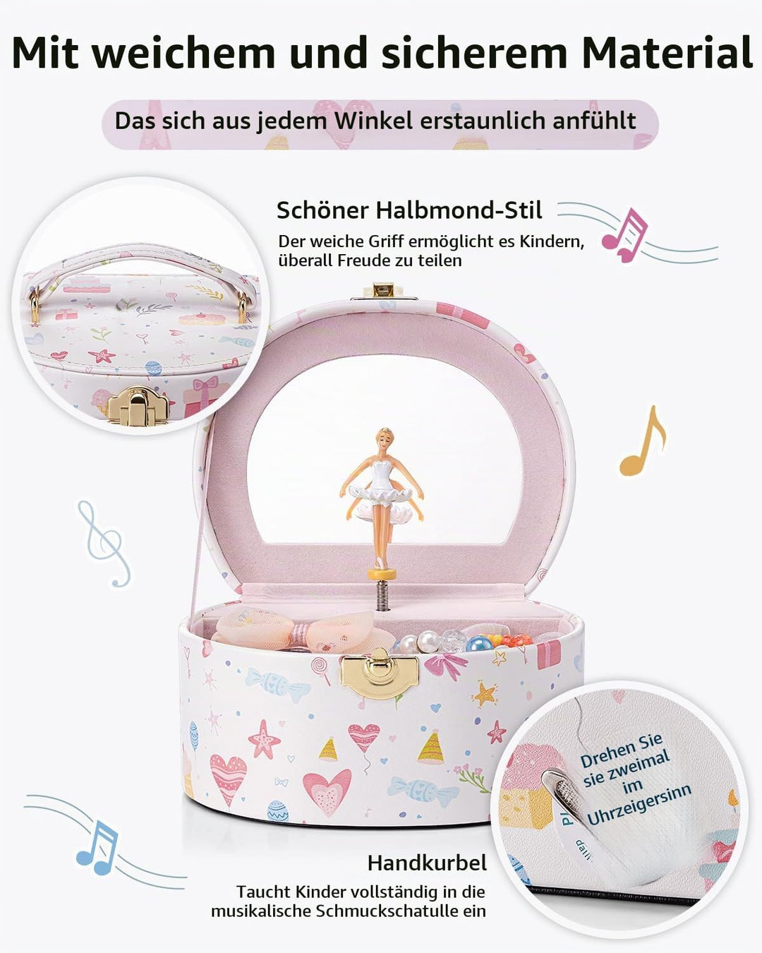VLANDO Schmuckkästchen Mädchen mit Spieluhr, Schmuckkasten Kinder mit Drehendem Ballerina &amp; Spiegel,