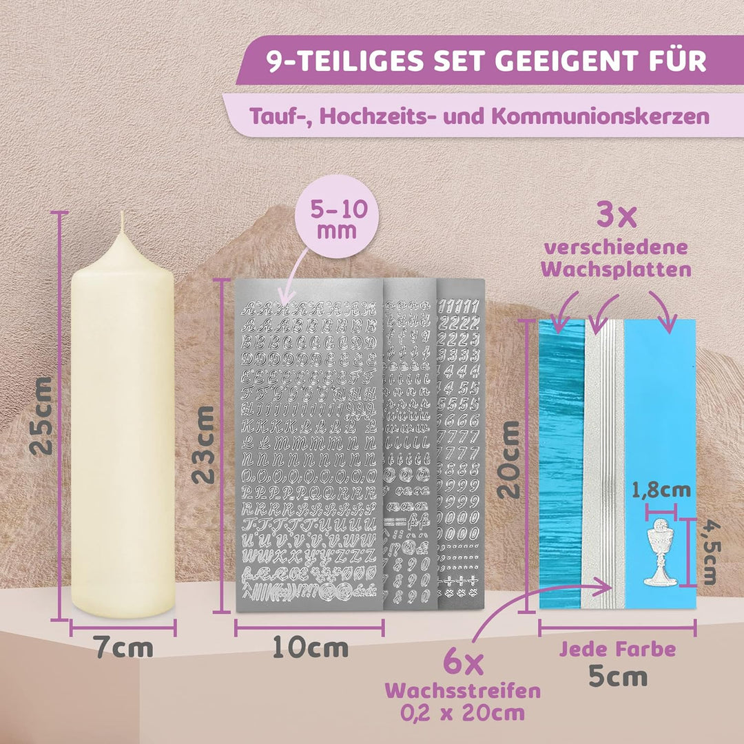 WIKAKERZEN Taufkerze selber Machen Set mit Kerzen-Rohling Buchstaben und Wachsplatten mit Wachsmotiv