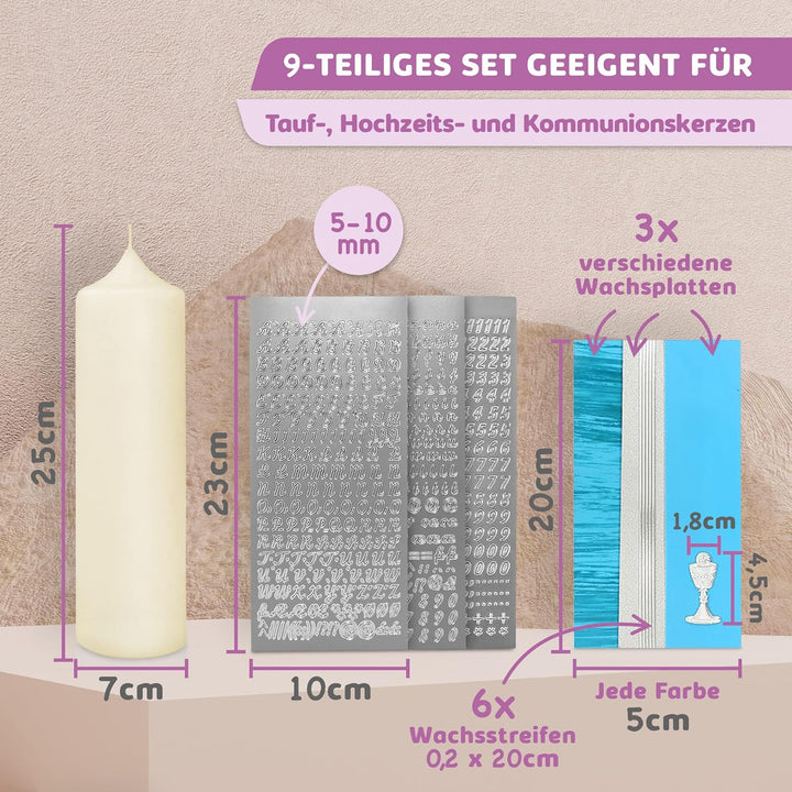 WIKAKERZEN Taufkerze selber Machen Set mit Kerzen-Rohling Buchstaben und Wachsplatten mit Wachsmotiv