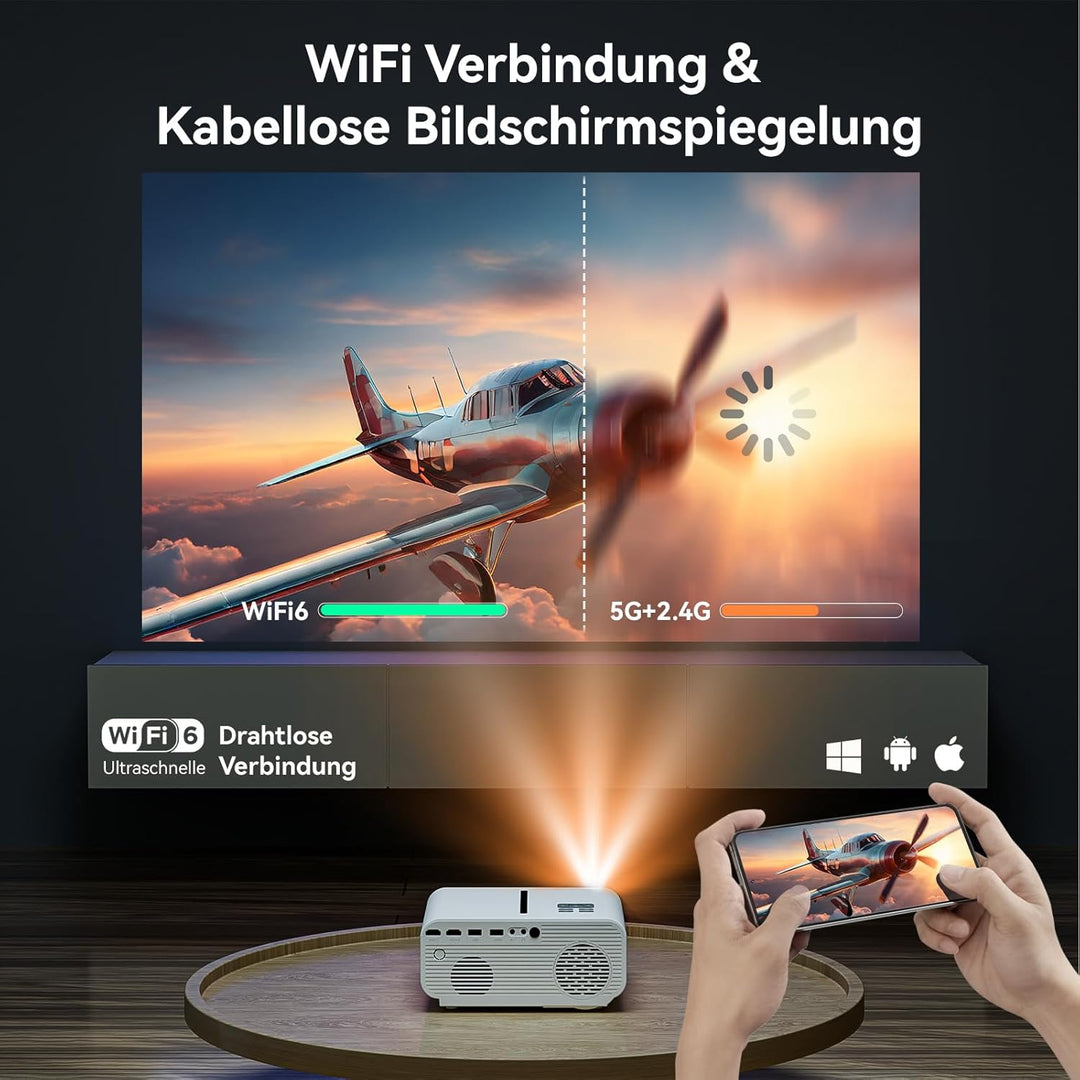 Beamer, Autofokus Beamer 6D 4P Trapezkorrektur Beamer 4K Heimkino Unterstützt, 20000 Lumen WiFi6 Vid