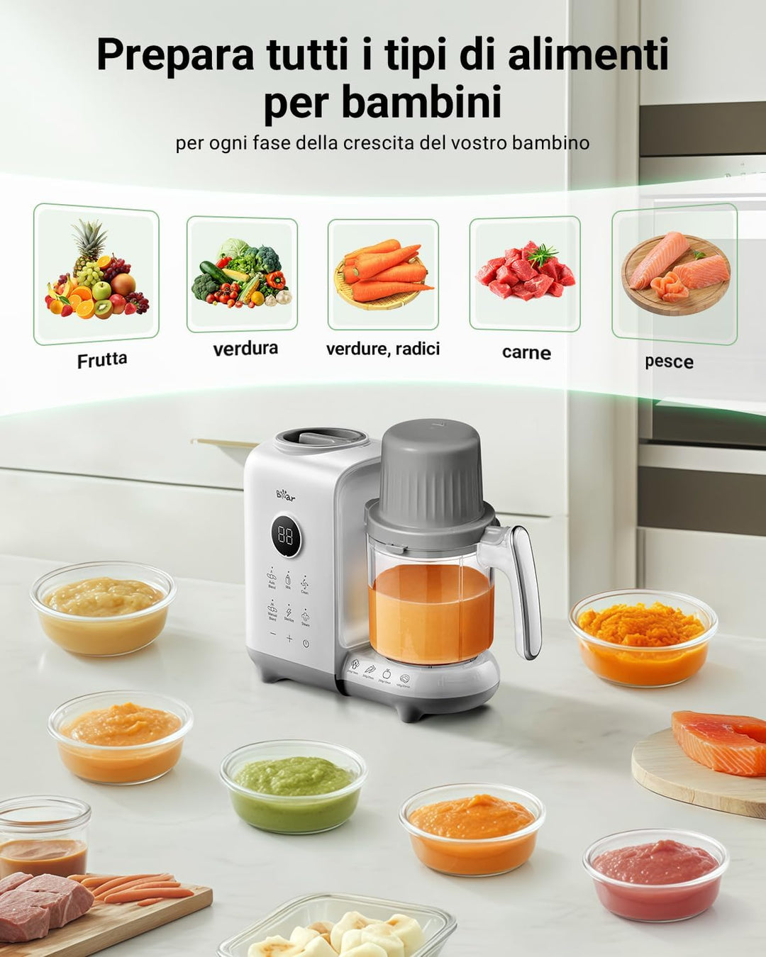 Bear 6-in-1 Dampfgarer mit Mixer Premium Babynahrungszubereiter,Dämpfen, automatisches Rühren, Milch