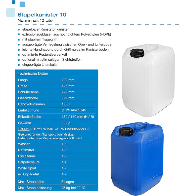 plasteo® 10L Getränke- Wasserkanister Natur | Lebensmittelecht | Hergestellt in DE | UN-Zulassung |