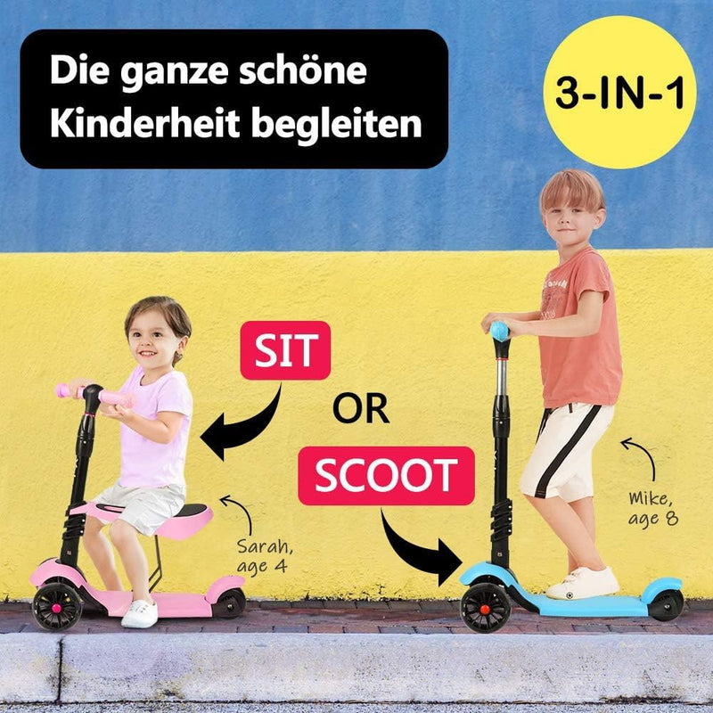 YOLEO 3-in-1 Kinder Roller Scooter mit Abnehmbarem Sitz, LED grosse Räder, Höheverstellbare Lenker f