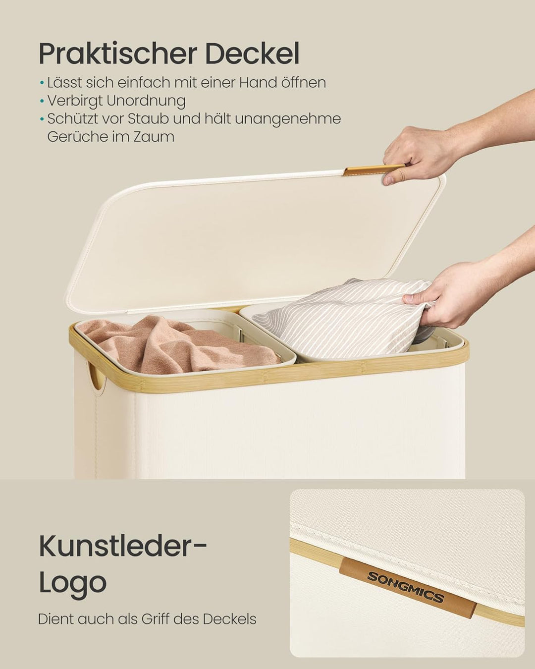 SONGMICS Wäschekorb mit Deckel, Wäschesammler, Wäschesortierer, Wäschetonne, Wäschesack herausnehmba