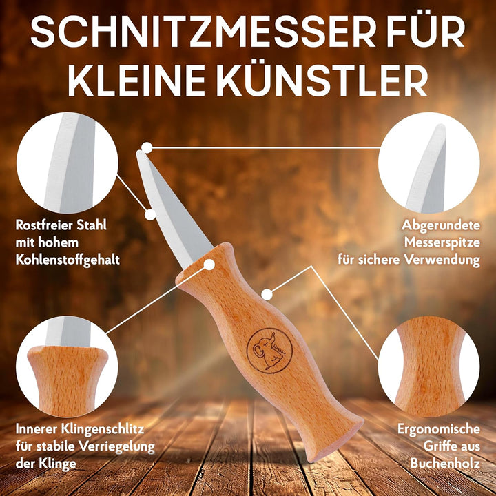 Eli® Schnitzmesser Kinder Set ab 6 Jahre inkl. Schnitzfiguren und Handschuhe - hochwertiges Kinderme