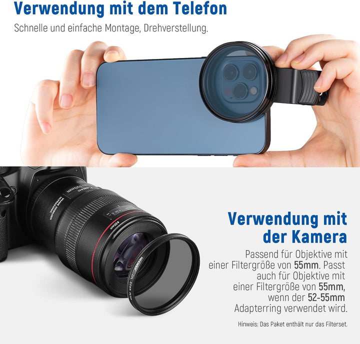 NEEWER 55mm ND+CPL+Effekt Filter Set mit Handy Phone Objektiv Klammer, Polfilter ND32, 6 Punkt Stern
