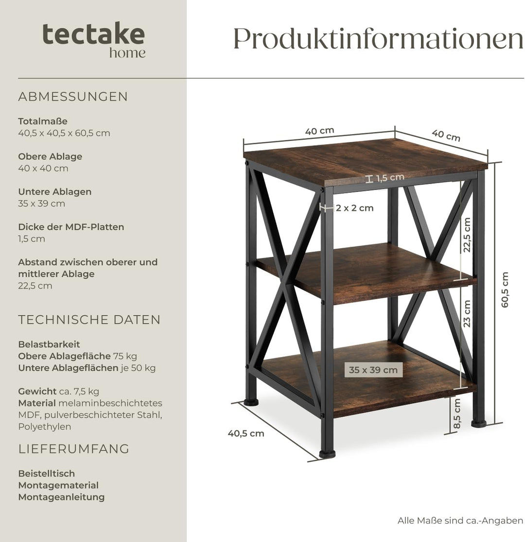 tectake® Beistelltisch aus Holz und Metall, Nachttisch mit 3 Ebenen, X-förmige Streben, Industrie-De