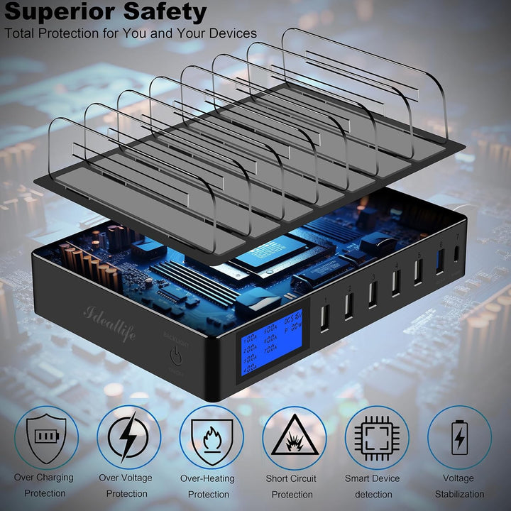 ideallife Ladestation für mehrere Geräte für 7 Anschlüsse, schnelles USB-Ladegerät mit Typ C PD20W Q