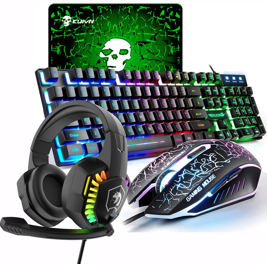 UK-Layout 4-in-1 Gaming-Tastatur und Maus-Set, Regenbogen-Hintergrundbeleuchtung, USB Gaming-Tastatu