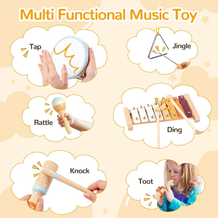 8-in-1 Montessori Musikinstrumente Kinder ab 1 Jahr, Holzspielzeug mit Xylophon, Trommel, Triangel,