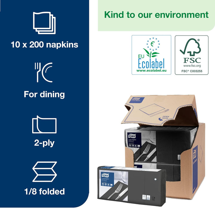 Tork 477851 schwarze Lunchservietten 1/8 gefaltet / 2-lagige, vorgefaltete Papierservietten für Snac