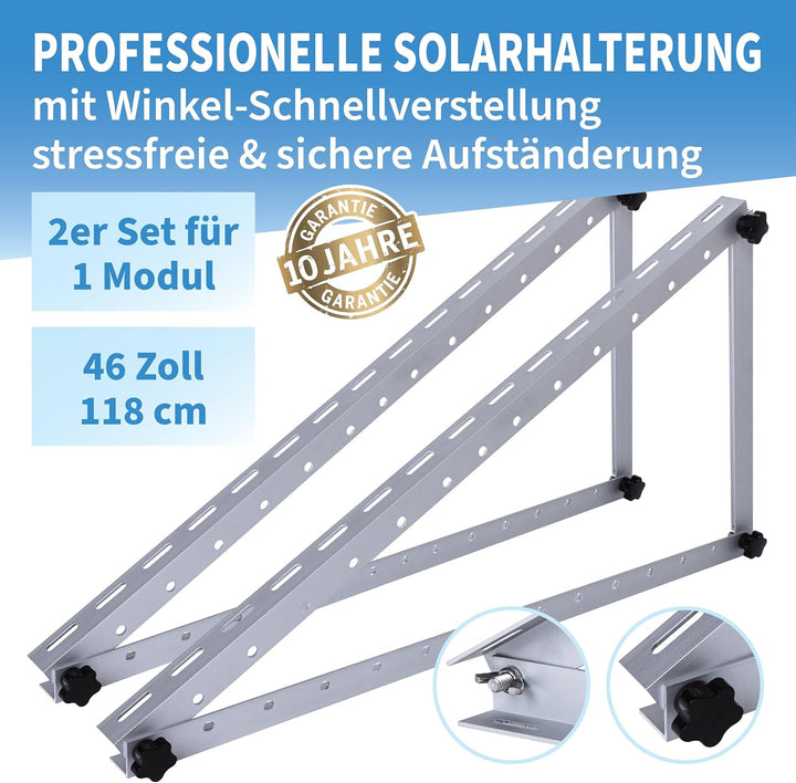 Solarmodul Halterung Alu 118 cm 46“ 2er Set 1 Paar - bis 600W - 0-90° Winkel einstellbar Montage &amp; B