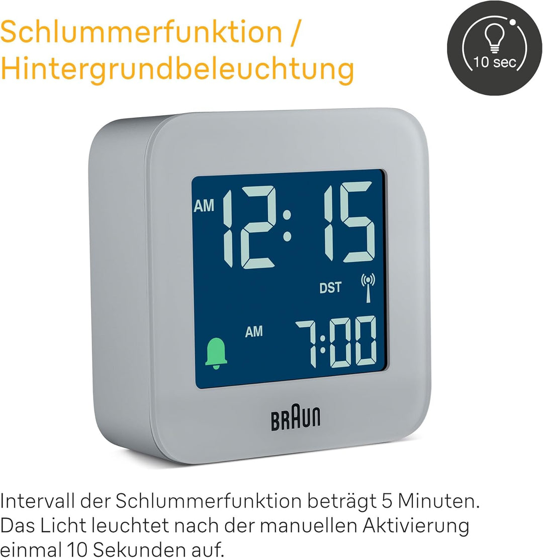 Braun Digitaler Funkreisewecker für die mitteleuropäische Zeitzone (DCF) in kompakter Grösse mit Sch